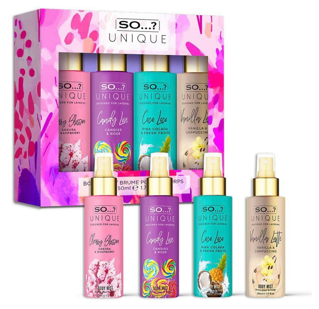 Coffret 4 Mini Brumes So Unique 50 ml – Vanilla Latte, Coco Loco, Candy Love & Cherry Blossom
