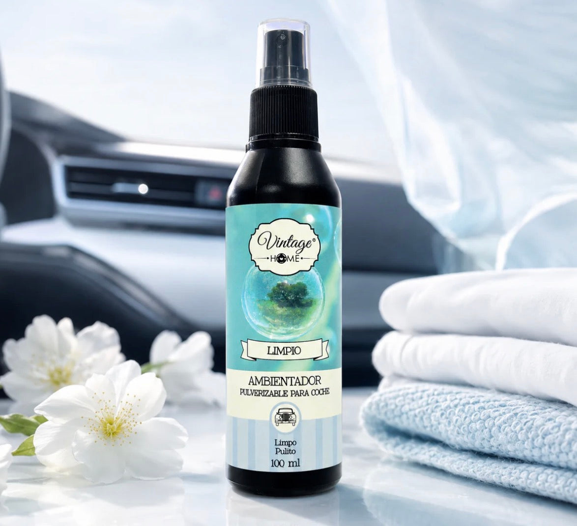 🚗🧺 VOITURE SPRAY VINTAGE HOME – LINGE FRAIS 100 ML ✨🤍🌿