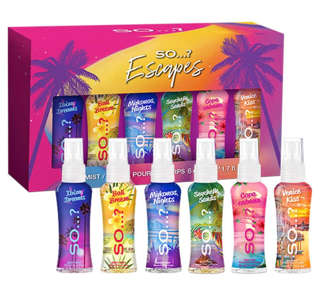 Coffret Mini Brumes Escape ✨ – 6 Fragrances Voyage : Ibiza, Bali, Mykonos, Seychelles, Copacabana & Venice