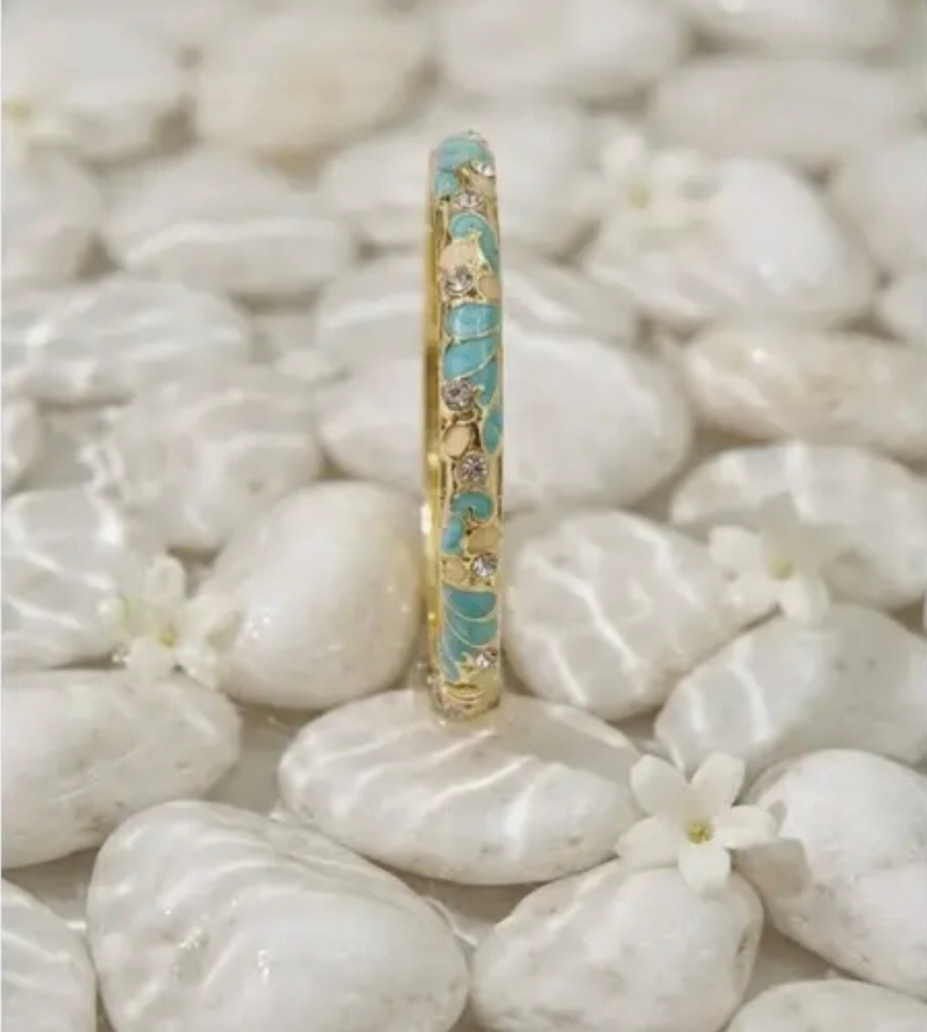 JONC THAÏLANDAIS ÉMAILLÉE EN LAITON – MOTIF FLEURS  TURQUOISE/VERT🌸