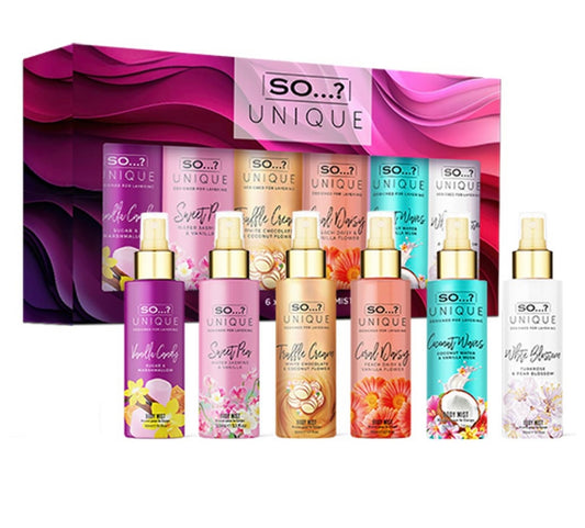 Coffret 6 Mini Brumes So Unique 50ml – Vanilla Candy, Sweet Pea, Truffle Cream, Coral Daisy, Coconut Waves & White Blossom