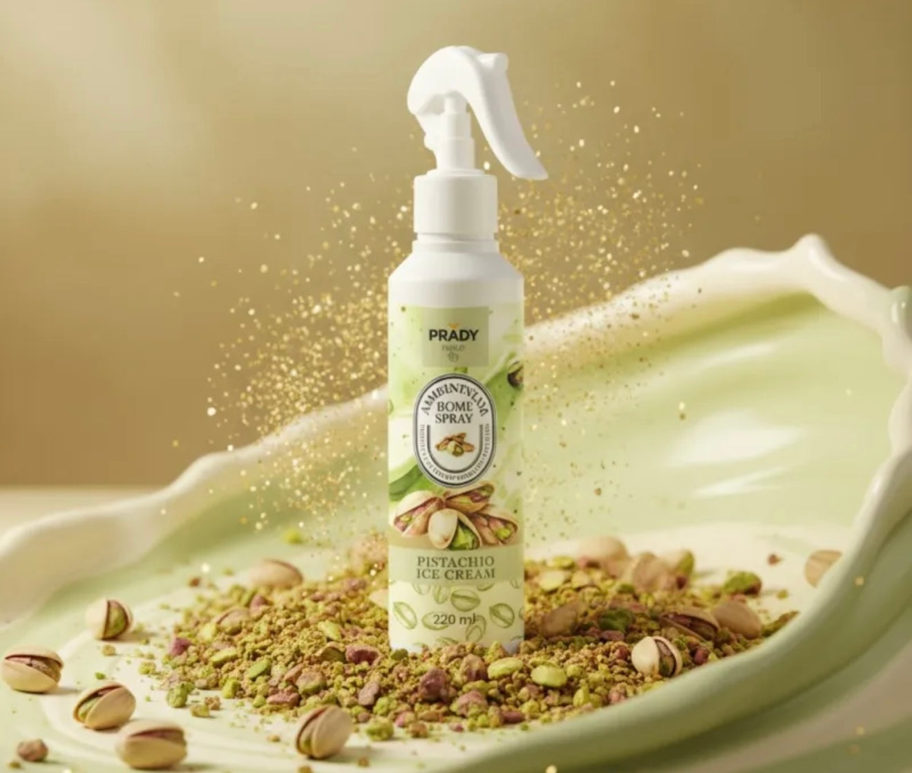 Spray d’Ambiance et Textile Parfum Pistache Glacée – 250 ml (Prady)